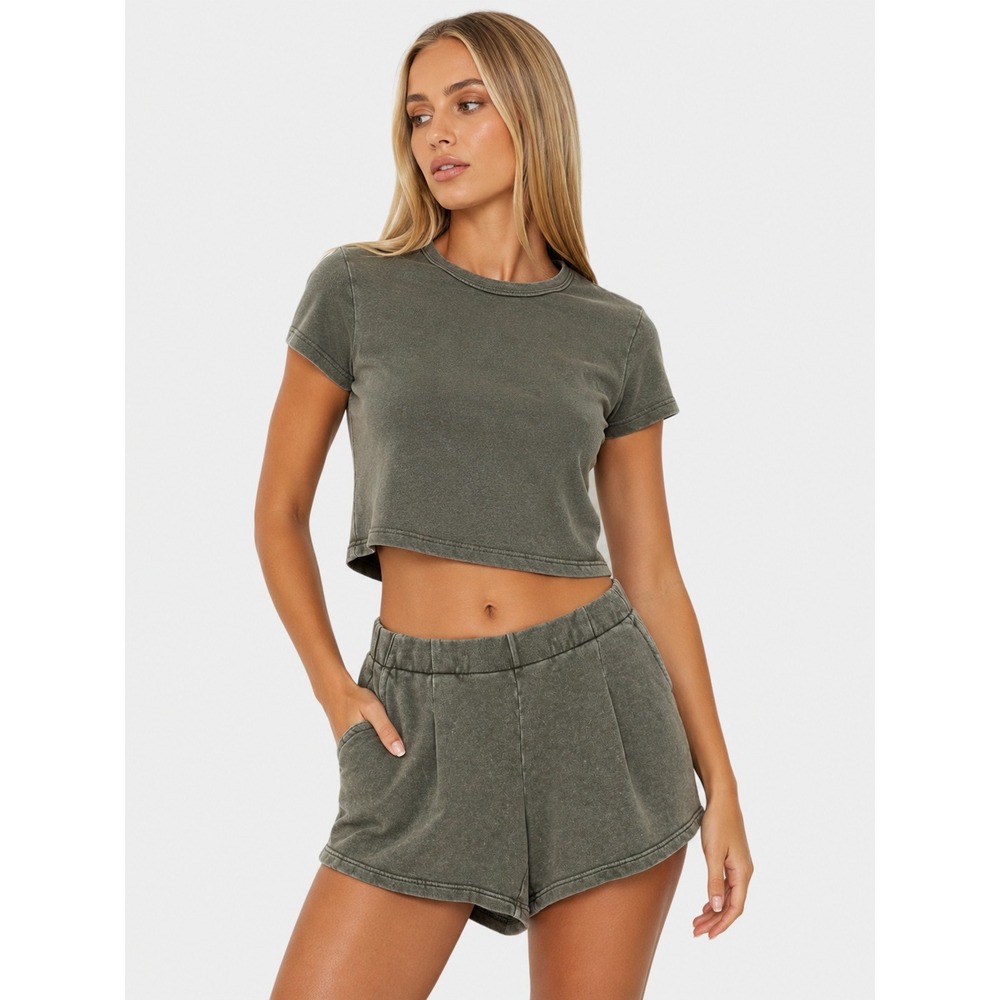 Aerie Olive Green Acid Wash High Rise French Terry Sweat Shorts S